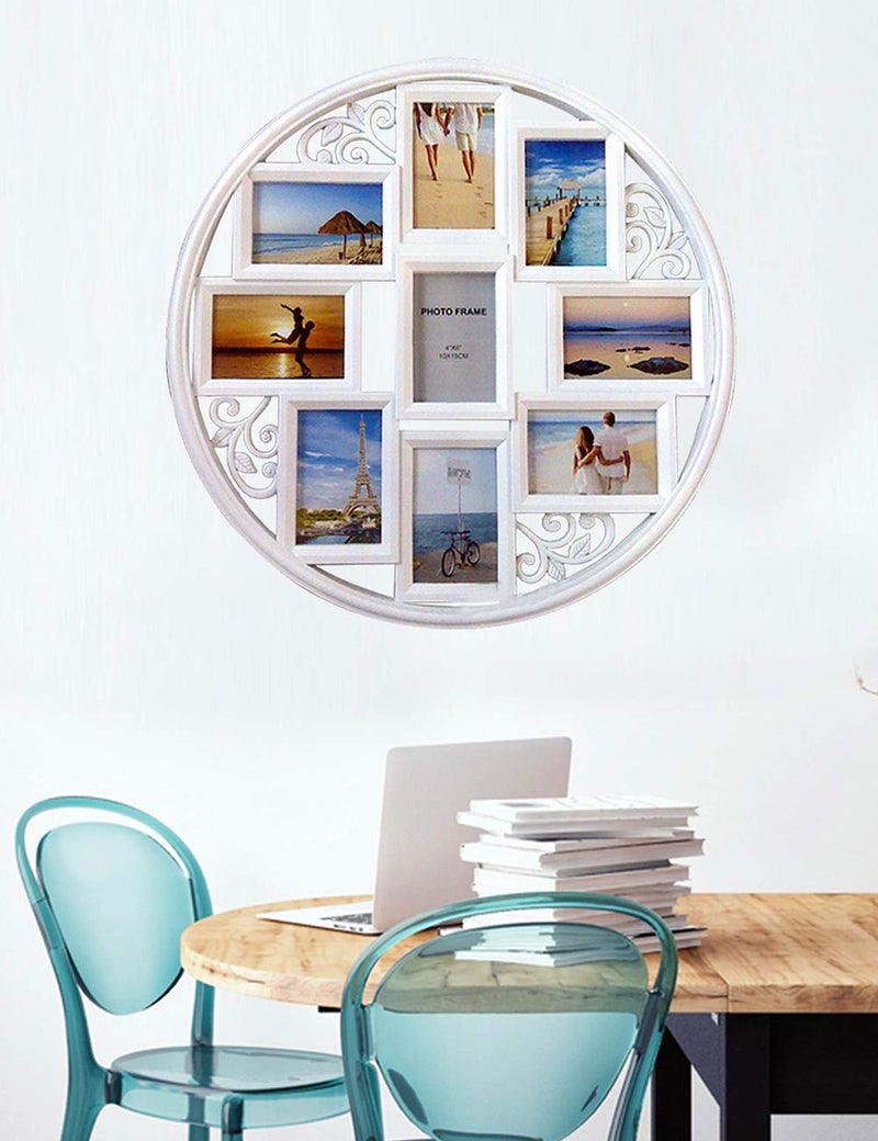 MKUN 4x6 Wall Collage Picture Frames - Round Circular Wall hanging Picture Photo Collage Frame with leaf decoration, 9- Opening (White) - Image 4